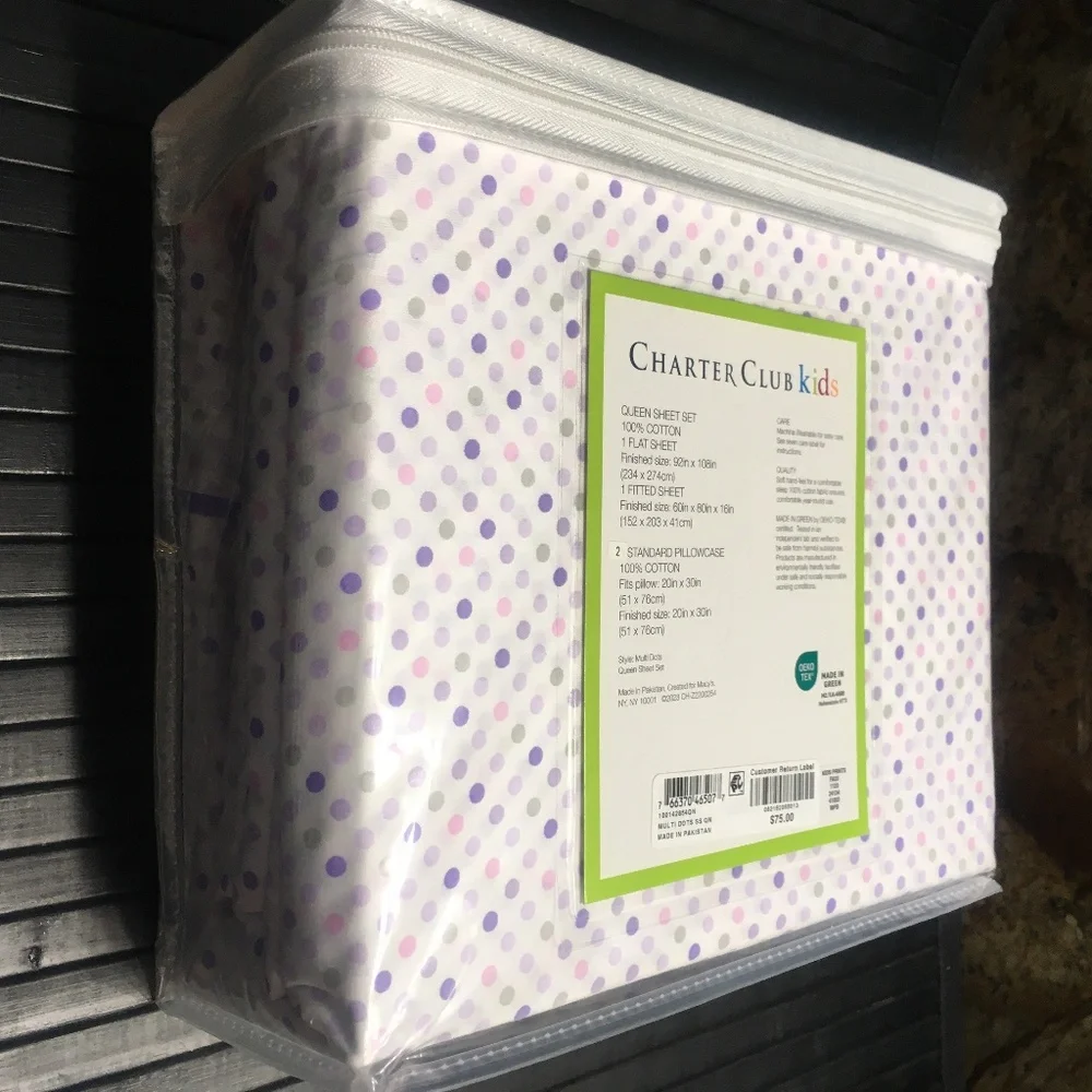 new PURPLE DOTS Charter Club 100% Cotton QUEEN Sheet Set fits 16